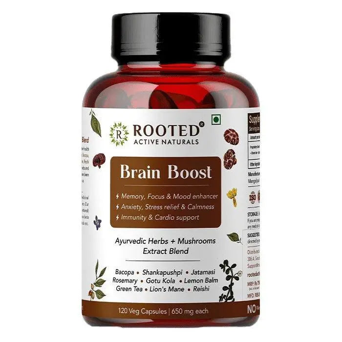 Rooted Actives Brain Boost supplement for Focus, Memory, Brain wellness | 60 Veg Caps of 500 mg each.