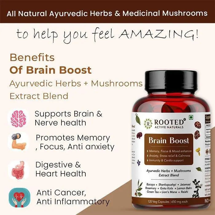 Rooted Actives Brain Boost supplement for Focus, Memory, Brain wellness | 60 Veg Caps of 500 mg each.